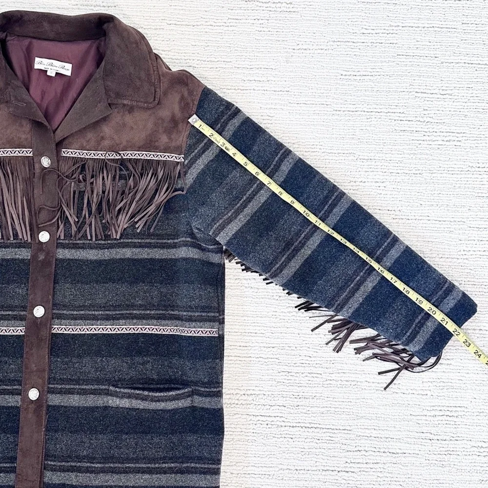 BLEU BLANC ROUGE Vintage Women L Brown/Blue Coat Fringe Suede Yellowstone Tribal